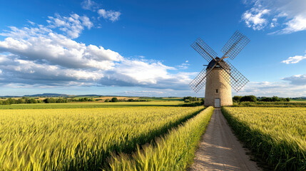 Traditional windmill stands majestically in golden field under bright blue sky