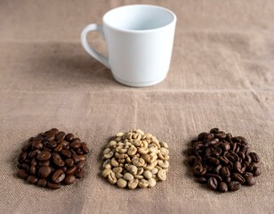 Fototapeta premium Three piles of coffee beans (green, light brown, dark brown) near a white coffee cup on burlap.