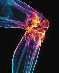 A colorful anatomical illustration of a human knee joint, showcasing intricate bone and muscle structures in vivid detail.