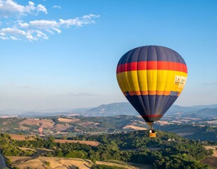 Fototapeta premium Colorful hot air balloon soaring over scenic Tuscan landscape at sunrise. Two other balloons visible in distance.
