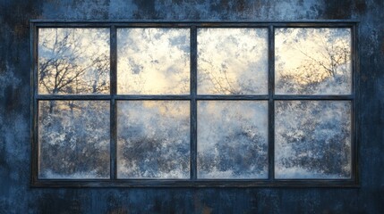 Textured Window with Wintery Reflections on Aged Blue Wall, a Tranquil Scene