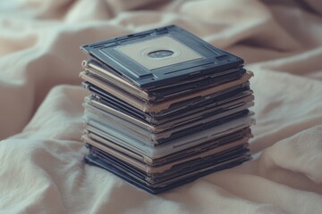 A stack of old mini discs sits on a beige fabric background, representing the nostalgia of a bygone era of music.