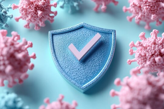 Blue shield with a checkmark symbol surrounded by stylized pink and blue virus particles representing protection and immunity against viruses - Powered by Adobe