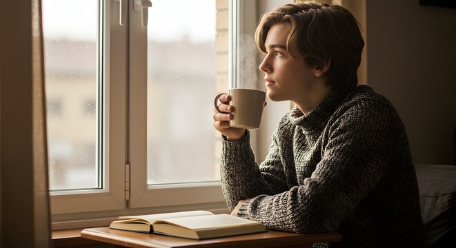 Young Man Gazing Out Window with Coffee in Hand and Book on Windowsill - Powered by Adobe