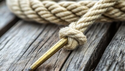 Obraz premium Close-up of nautical rope knot on weathered wood
