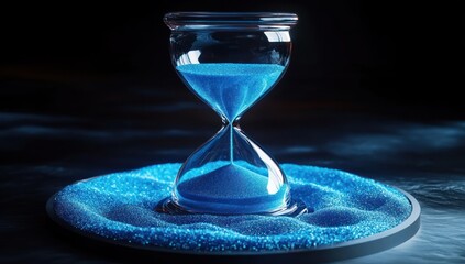 Transparent hourglass with blue sand pouring down, surrounded by a circular bed of blue sand granules, against a dark background conveying the passage of time