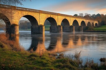 Stone arch bridge over calm river at sunset with clear sky and surrounding grassland and trees