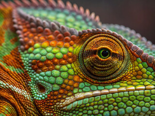 Fototapeta premium chameleon on a green background. lizard, iguana, reptile, animal, green, dragon, eye, wildlife, nature, wild, scales, skin, macro, closeup, animals, zoo, pet, close-up, head, scale, portrait