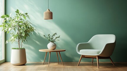 Minimalist interior scene with a soft green armchair, wooden round table with a decorative vase, large potted plant, and natural light casting shadows on a muted green wall