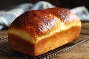 Freshly baked loaf of bread on a cooling rack.