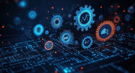 Digital representation of interconnected glowing blue and orange gears with data charts and graphs hovering above a futuristic circuit board background conveying technology and data analytics