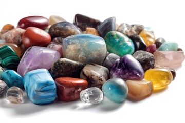 Colorful assortment of polished gemstones and crystals.