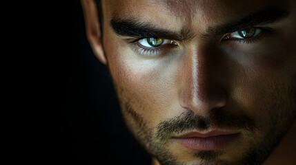 Obraz premium mirada directa de un hombre guapo y apuesto moreno con ojos claros mirando fijamente modelo masculino fuerte y varonil sobre un fondo negro con espacio de copia