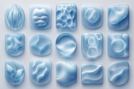 Collection of sixteen translucent blue abstract shapes with various textures and smooth surfaces arranged in a grid on a light background