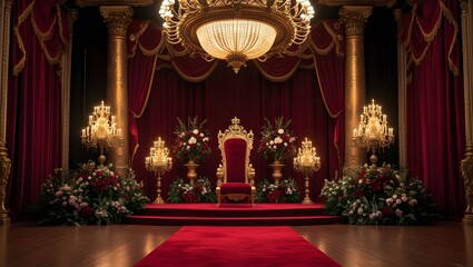 Lavish Royal Theater Set with Chandeliers and Velvet Curtains