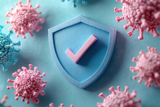 Blue shield with checkmark symbol surrounded by blue and pink virus-like particles symbolizing protection and immunity