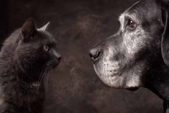Close-up view of a gray cat and a senior gray dog.
