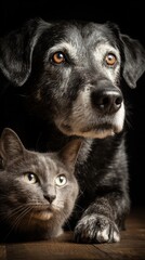 Close-up portrait of a senior dog and cat.