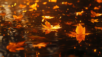 Golden leaves float atop dark waters one aflame autumn hues reflected on surface creating a surreal scene. [Mirrored Realities] | Waterglass World | reflected scene. Illustration
