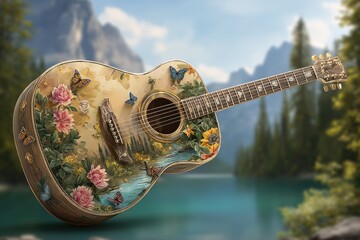 Ornate acoustic guitar, detailed floral and nature scene