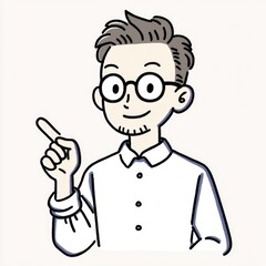 Smiling man in glasses points