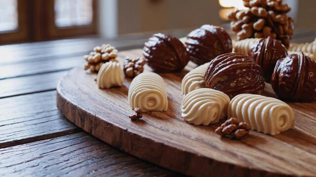 Walnut and nougat sweets displayed on a wooden board with nuts in a bright kitchen setting

