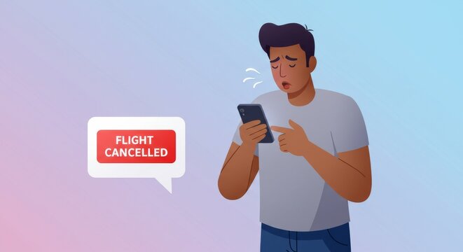 Cartoon illustration of a frustrated man holding phone with cancelled flight notification