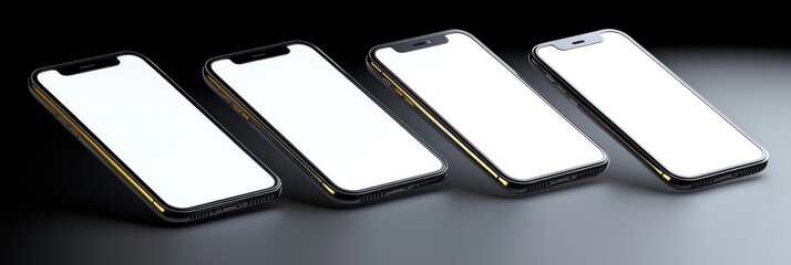 Four modern smartphones with blank white screens aligned diagonally on a reflective dark surface showing side buttons and speaker grilles