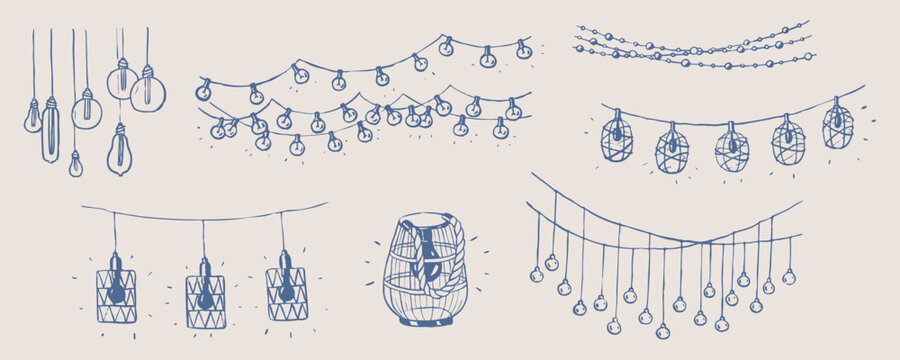 Summer lights, boho garland doodles. Holiday elements. Party drawings. Hand drawn illustration of outdoor hanging light bulbs. Decorative sketches isolated. Graphic background.