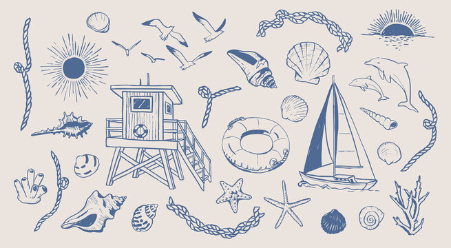 Summer sea elements, marine doodles. Coastal beach vacation drawings. Hand drawn illustration of rope, corals, guard post, sun, seagull, boat and shells isolated. Graphic sketches background.
