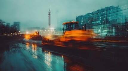 The energy and hustle and bustle of a construction site the blurry view effectively creates a sense of movement and activity in the blurry building frames, cranes and ground surfaces