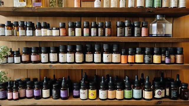 Aromatic treasure trove: Shelves displaying rows of essential oil bottles in wooden ambience