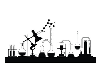 Chemistry silhouette. This image represents various scientific elements like beakers, flasks, and molecular structures, symbolizing chemical research and experimentation.  clipart illustration design.