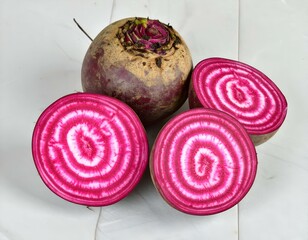 Fresh, vibrant Chioggia beets, one whole and two sliced, showcasing their unique concentric rings of pink and white.
