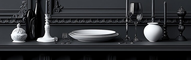 Elegant Monochrome Table Setting with Decorative Elements and Ornamental Design