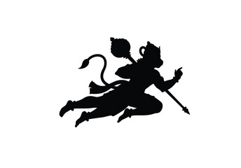 Lord Hanuman silhouette. This image depicts a symbolic representation of Lord Hanuman in dark outline, embodying devotion, strength, and spiritual guidance. Vector clipart illustration design.