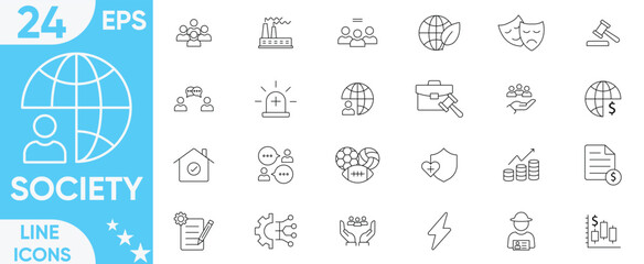 Society icons set.education, healthcare, energy, routine, business, society, finance, technology, transportation, arts, justice and more.Vector and illustrator set.