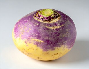 A single, ripe turnip, purple and yellow, sits on a plain white background.  The focus is sharp, highlighting the turnip's texture and color.