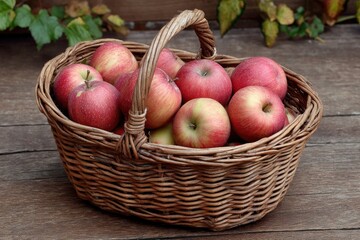 Oval wicker basket brimming with ripe red apples.