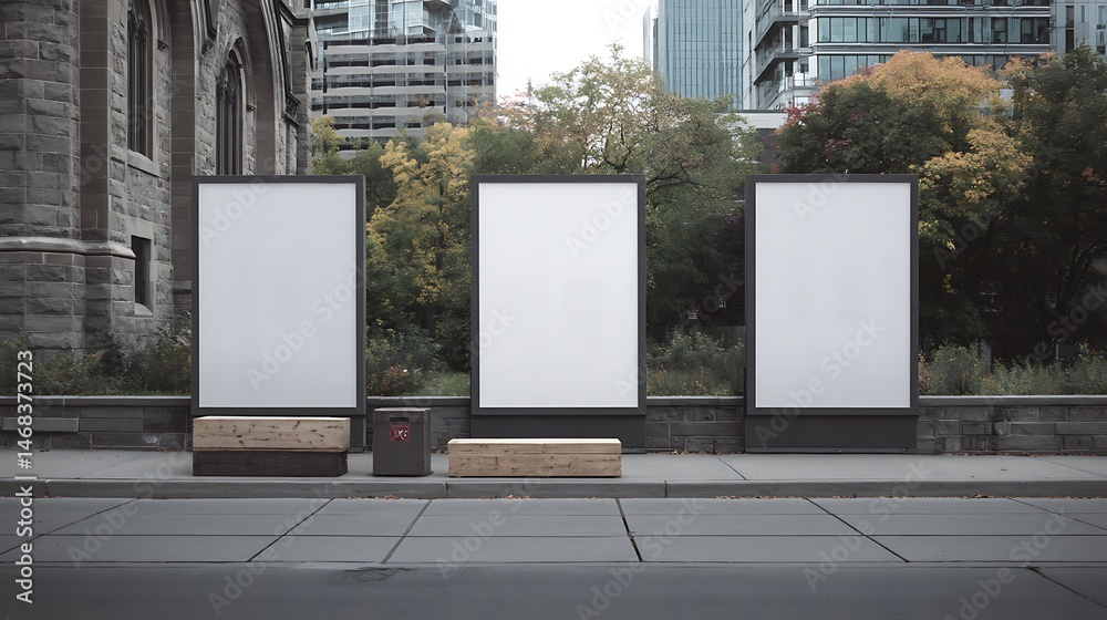 Aufkleber A mockup of three billboards in different sizes, placed next to each other and against an old building facade with trees and buildings in the background