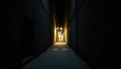 Obraz premium A narrow, dimly lit alleyway stretches into the distance