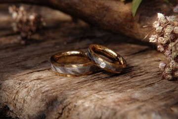 A pair of wedding bands rests on rustic wood.