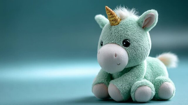 Teal unicorn plush doll with golden horn in cool lighting, perfect for children&rsquo;s interior design themes &ndash; Video 4K UHD 60 fps