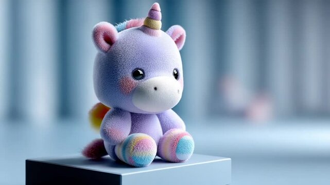Blue-purple plush unicorn toy with rainbow hooves under cool background lighting &ndash; Video 4K UHD 60 fps