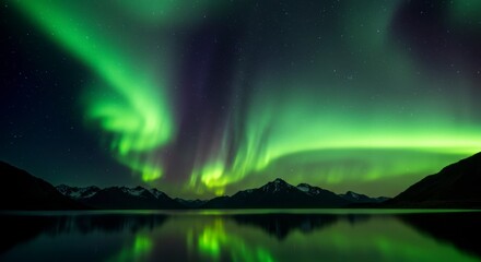 Naklejka premium Majestic aurora borealis over a serene lake