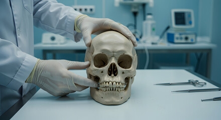 Examining Human Skull in Laboratory Setting