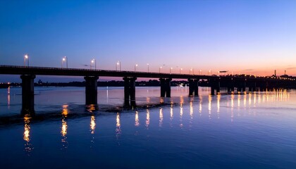Obraz premium Illuminated bridge reflecting on calm water at twilight. Serene, picturesque scene.