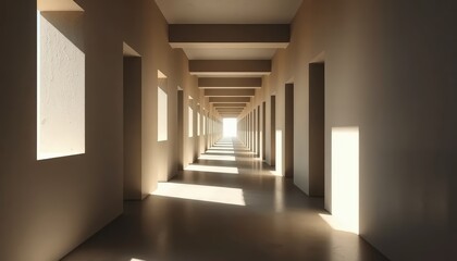 A serene, minimalist corridor stretches into the distance