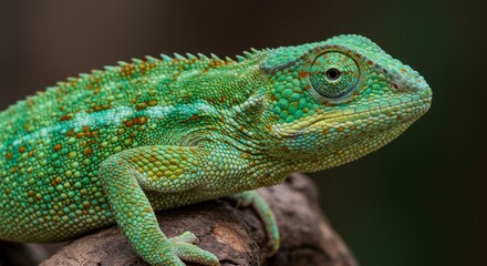 Fototapeta premium Close-up of a vibrant green chameleon perched on a branch