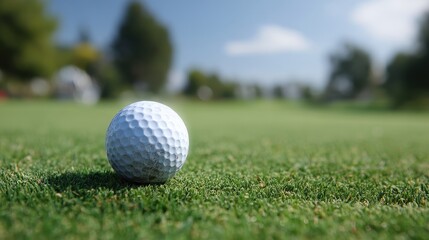 Obraz premium Golf ball resting on a vibrant green field.